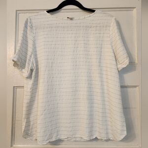 Cremieux Blouse White & Gold Striped Women's Top, Stretch Sz L EUC Metallic